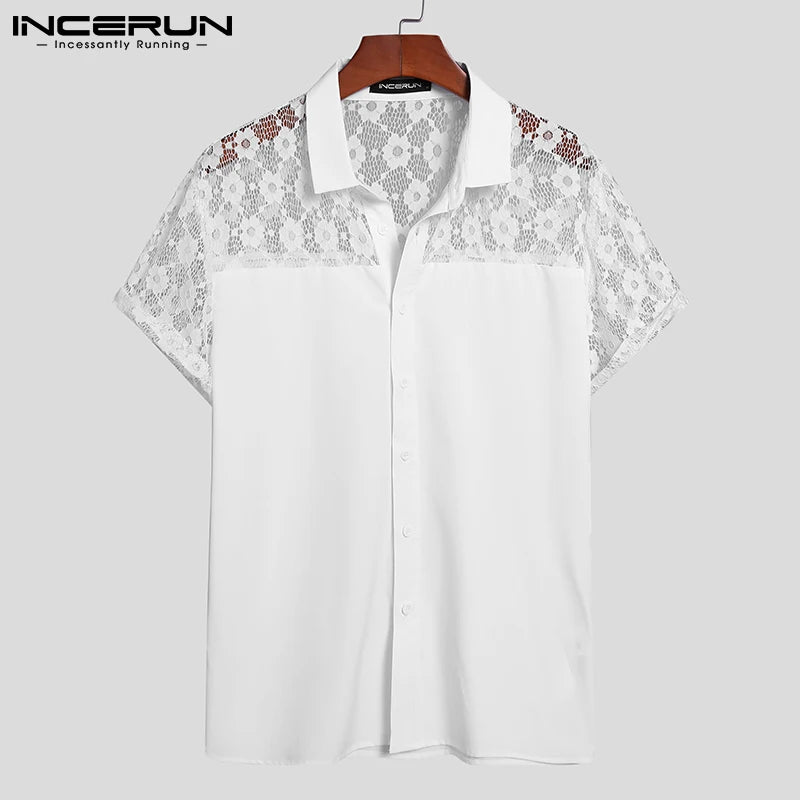 Lace Mesh Patchwork Lapel Short-Sleeve Shirt - Forever Growth 