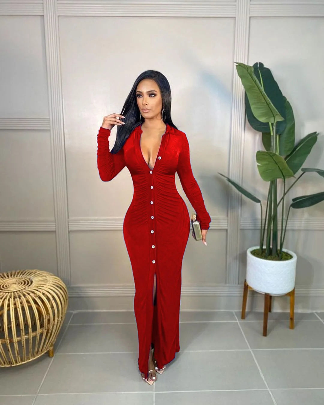 2022 Fall Winter Women Velvet Button Up High Slit Maxi Midi Bodycon Dress Sexy Club Party Long Sleeve Long Dresses Vestidos - Forever Growth 