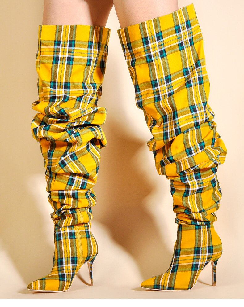 Ladies Plaid Over The Knee Thigh High Boots - Forever Growth 