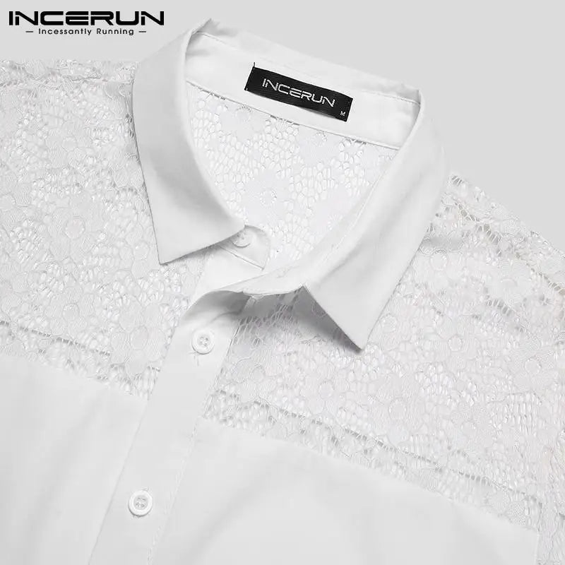 Lace Mesh Patchwork Lapel Short-Sleeve Shirt - Forever Growth 