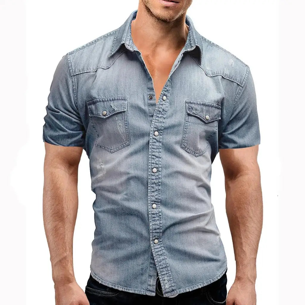 Thin Short Sleeve Soft Cotton Slim Denim Shirt - Forever Growth 