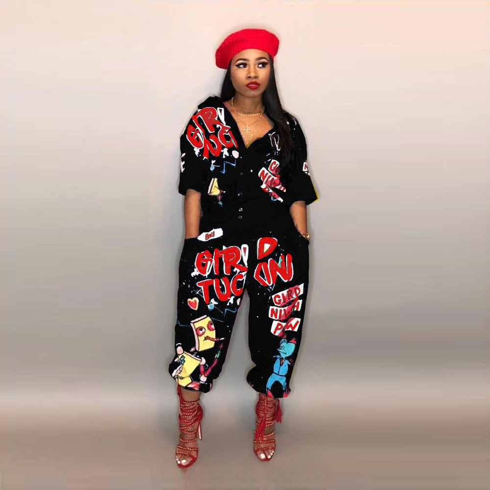 Special Letter Turn Down Collar Half Sleeve Jumpsuits - Forever Growth 