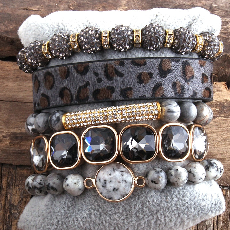 Handmade Leopard Leather Bracelet Set 5pc - Forever Growth 