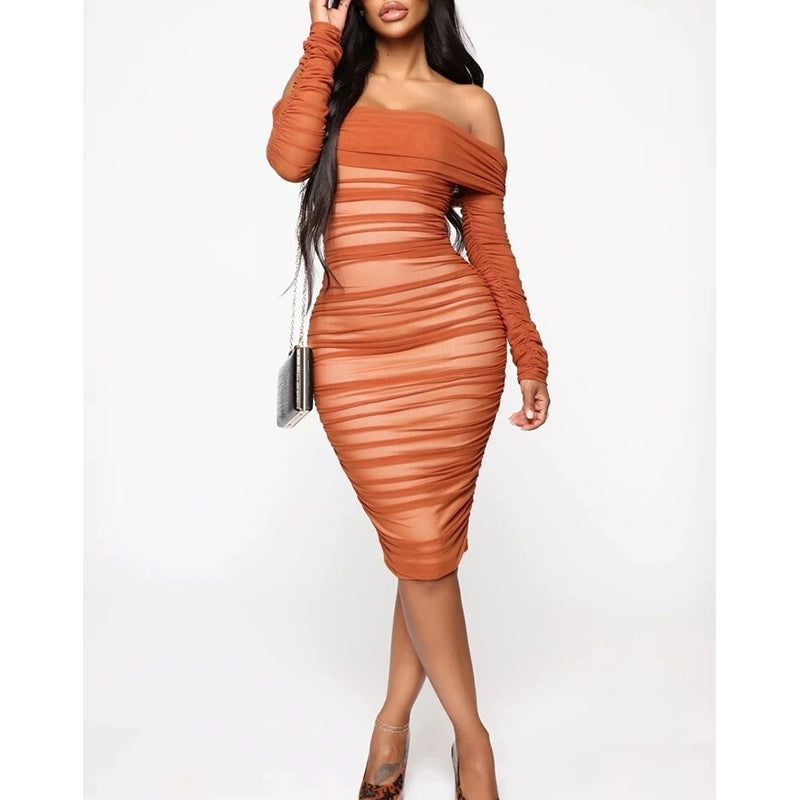 Pleated Slim-Fit Long-Sleeve Off-Shoulder Dress - Forever Growth 