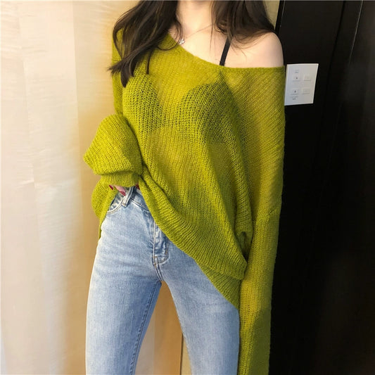 Thin Loose Mohair Idle Style Hollow Knit Smock Top - Forever Growth 