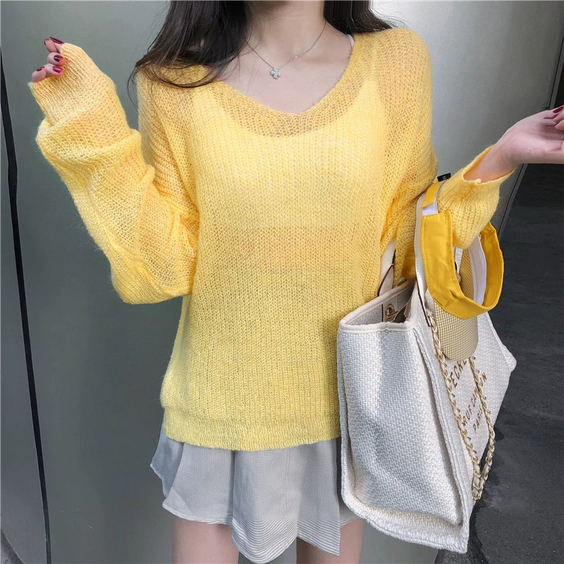 Thin Loose Mohair Idle Style Hollow Knit Smock Top - Forever Growth 
