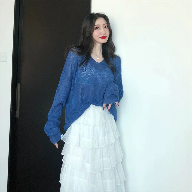 Early Spring and Autumn 2023 New and Thin Korean Style Loose Mohair Idle Style Hollow out V-neck Woolen Knit Smock Top Women - Forever Growth 