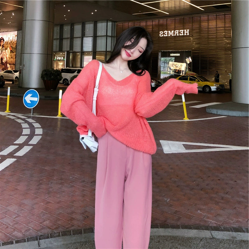 Early Spring and Autumn 2023 New and Thin Korean Style Loose Mohair Idle Style Hollow out V-neck Woolen Knit Smock Top Women - Forever Growth 
