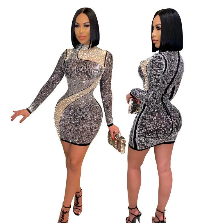 Sexy Sequin O-neck Long Sleeve Short Dress - Forever Growth 