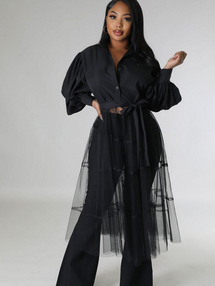 Sheer Mesh Patchwork Maxi Shirt - Forever Growth 