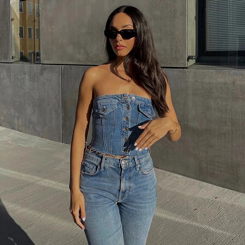 Denim Button Midriff Sleeveless Crop Tops - Forever Growth 