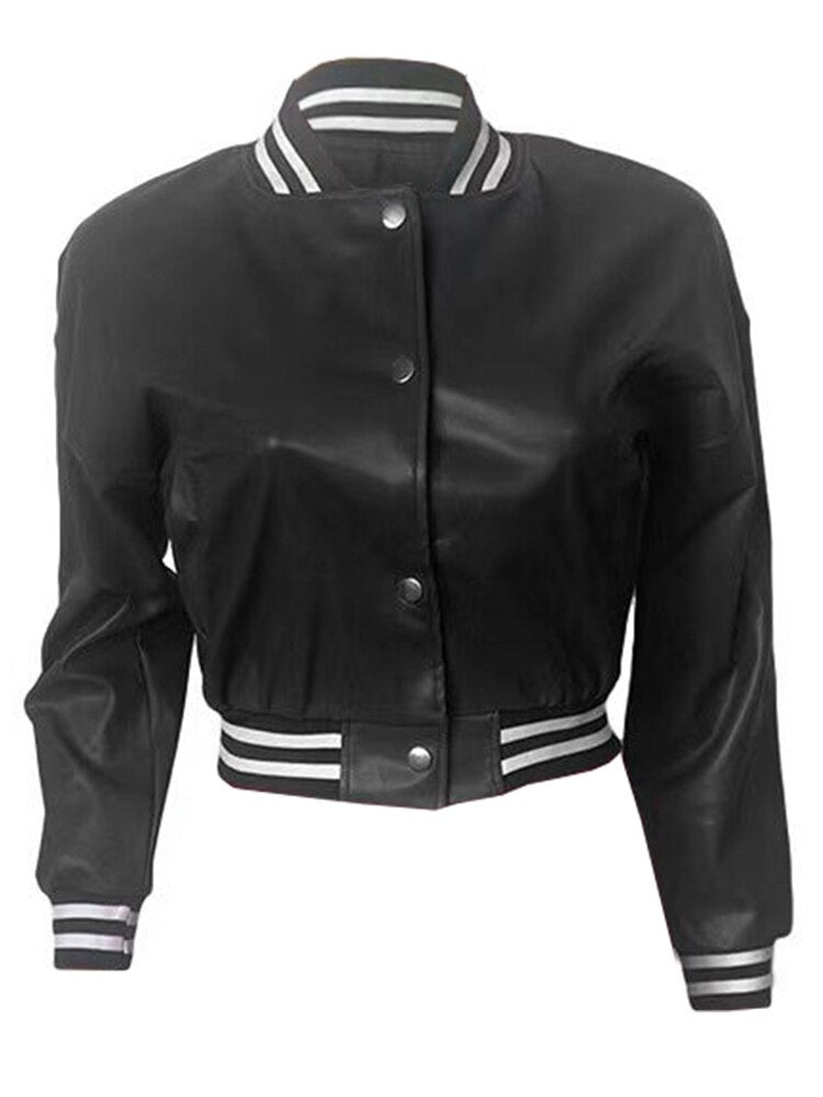 Letter B PU Faux Leather Crop Bomber Coat - Forever Growth 
