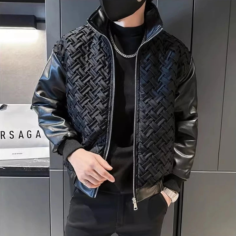 Trendy Woven PU Patchwork Bomber Jacket - Forever Growth 