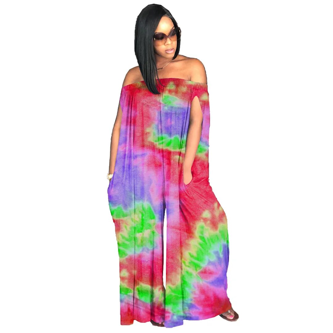 CM.YAYA Tie Dye Galaxy Print Off Shoulder Beach Sexy Loose Straight Women Jumpsuits Rompers Elegant One Piece Outfits Playsuit - Forever Growth 