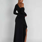 Oblique Shoulder Thigh High Split Maxi Dress - Forever Growth 