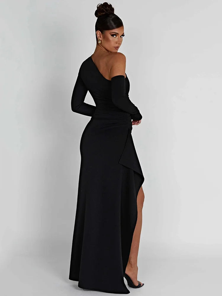 Oblique Shoulder Thigh High Split Maxi Dress - Forever Growth 