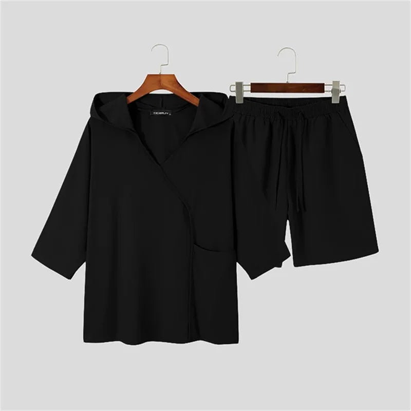 Monochromatic Linen Short-Sleeve Hoodie+ Irregular Shorts - Forever Growth 