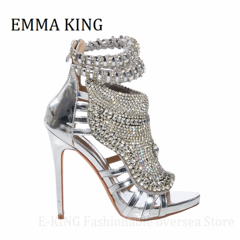 Rhinestone Peep Toe Game Sexy Leather Stiletto Sandals - Forever Growth 