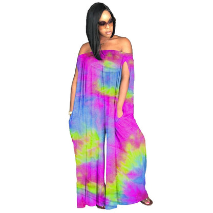 CM.YAYA Tie Dye Galaxy Print Off Shoulder Beach Sexy Loose Straight Women Jumpsuits Rompers Elegant One Piece Outfits Playsuit - Forever Growth 