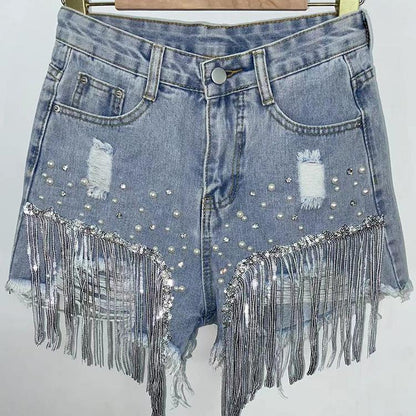 Beaded Tassel Denim Shorts - Forever Growth 