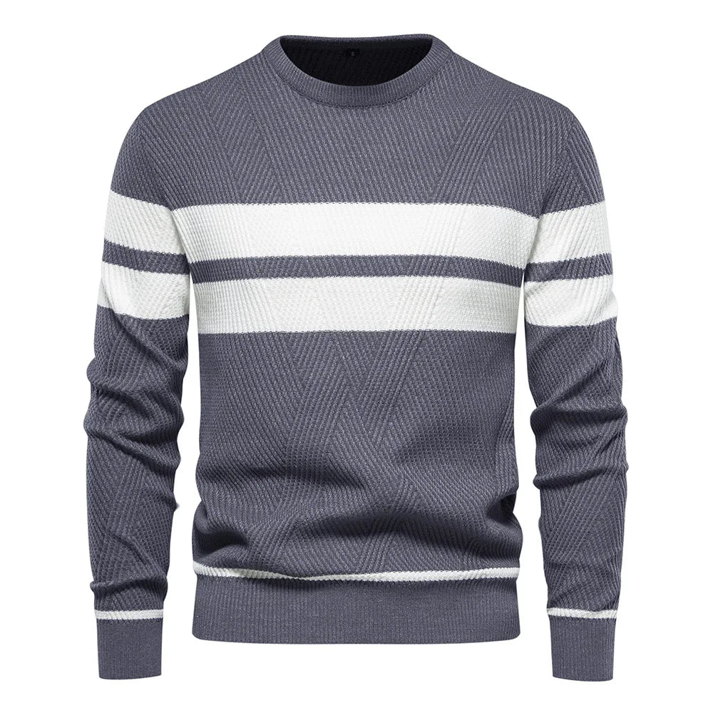 New Autumn And Winter Men's Casual Stripe Men's Sweater Pullover Colored Round Neck Men's European Size Knitted Men Top - Forever Growth 