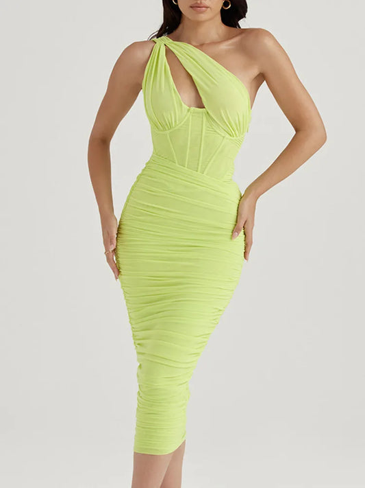 Ruched Mesh One Shoulder Midi Dress - Forever Growth 