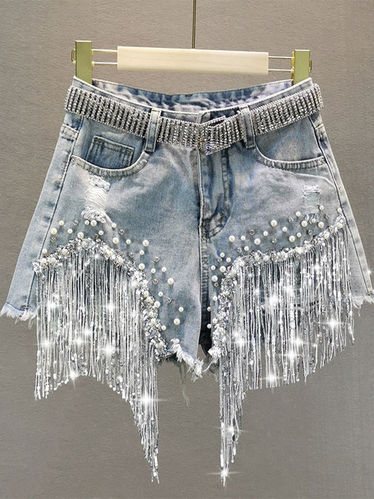 Beaded Tassel Denim Shorts - Forever Growth 