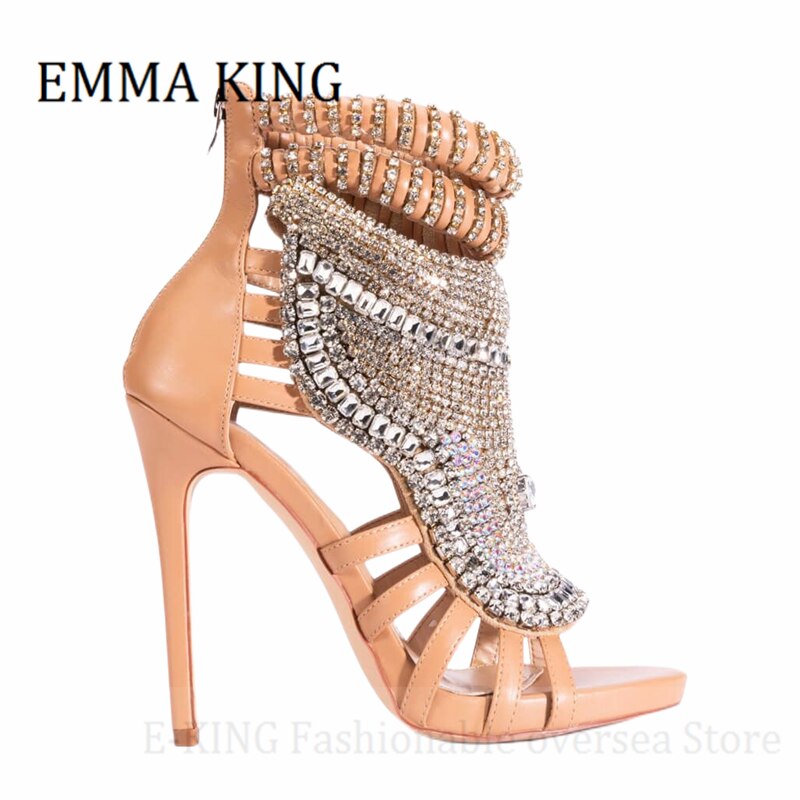 Rhinestone Peep Toe Game Sexy Leather Stiletto Sandals - Forever Growth 