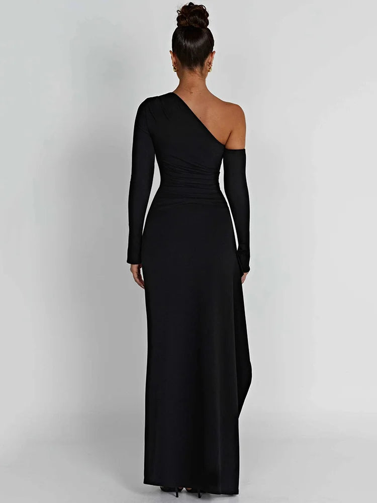 Oblique Shoulder Thigh High Split Maxi Dress - Forever Growth 