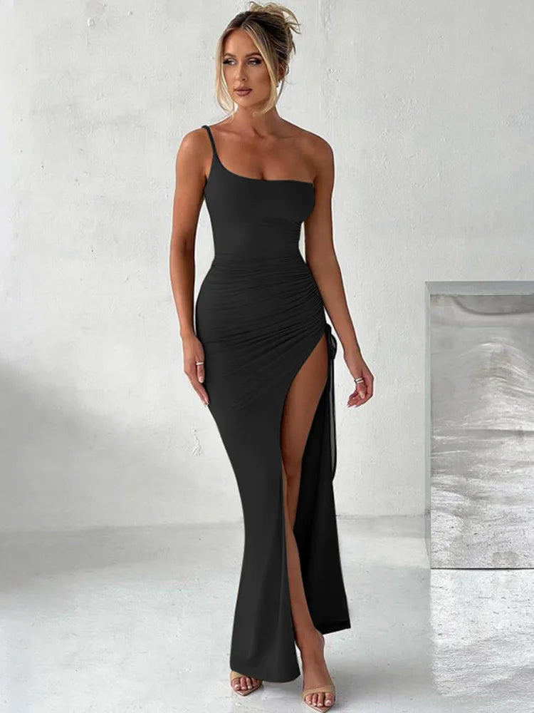 One Shoulder Strap Thigh High Split Maxi Dress - Forever Growth 