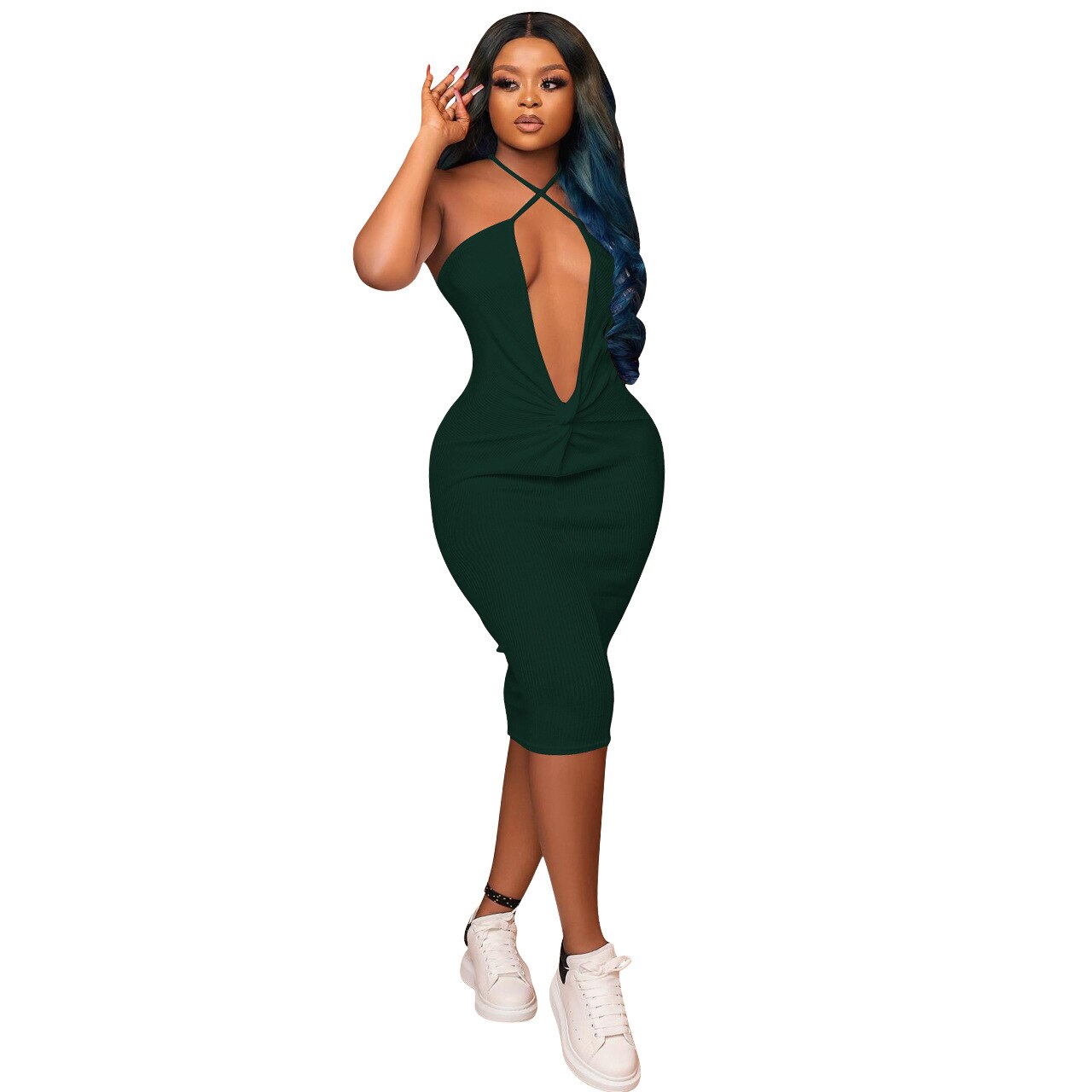 His Ribbed V-Neck Backless Bodycon Dress - Forever Growth 