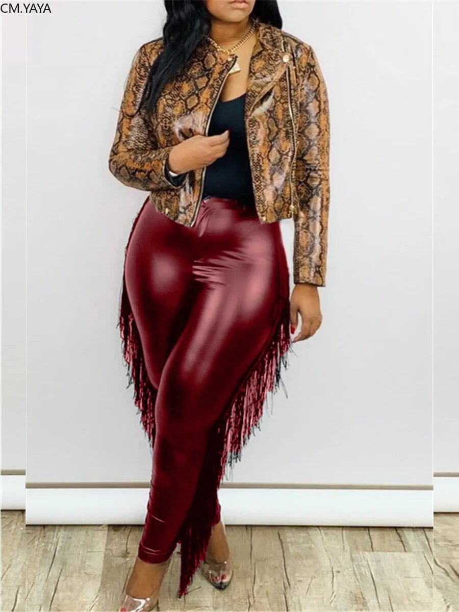 Plus Size Casual Tassel Splicing PU Pants - Forever Growth 