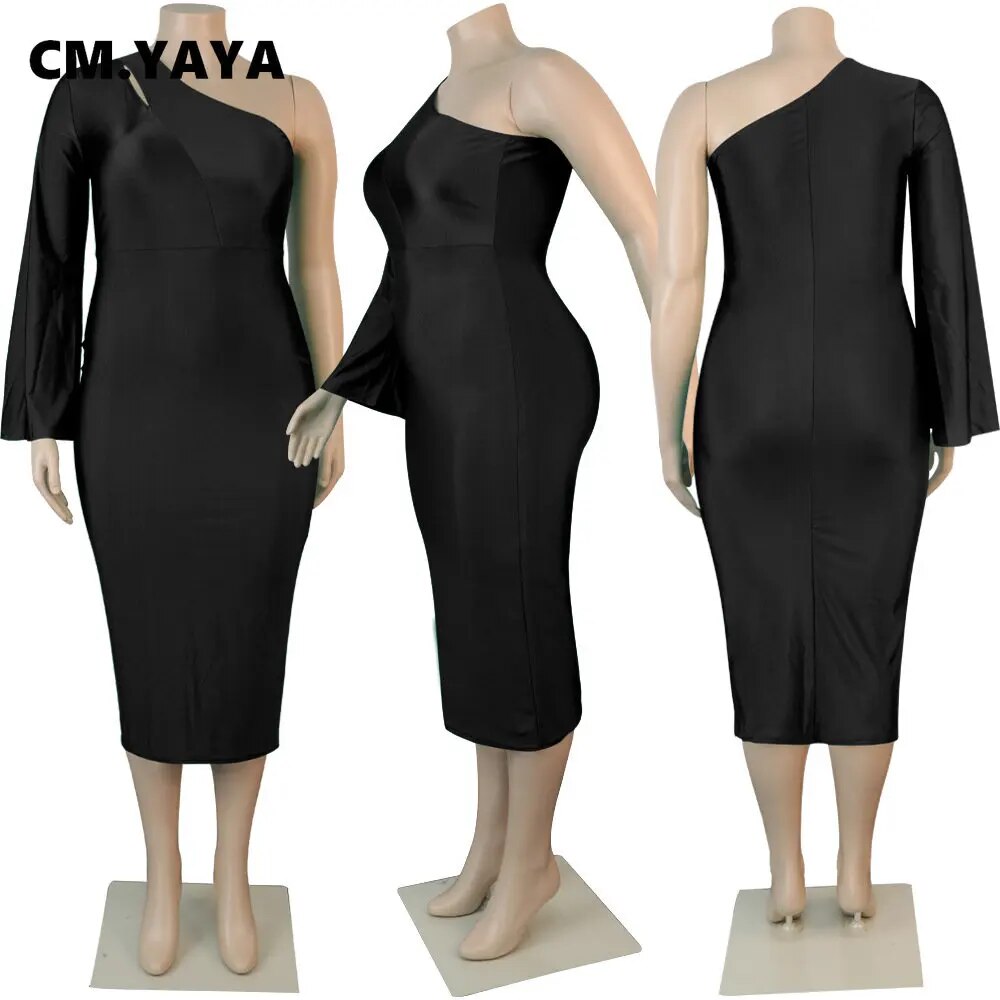 Plus Size Sexy One Shoulder Cut Out Bodycon Midi Dress - Forever Growth 