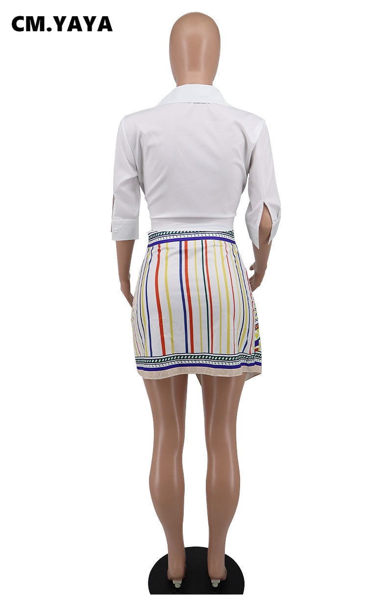 Elegant Shirt+ Draped A-line Paisley Stripe Skirt Set - Forever Growth 