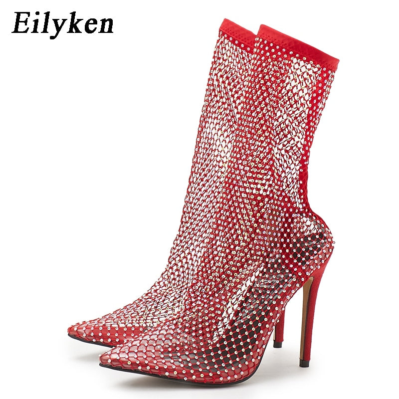 Sock-It-To-Me Crystal Rhinestone Mesh Stretch Pointed Boots - Forever Growth 