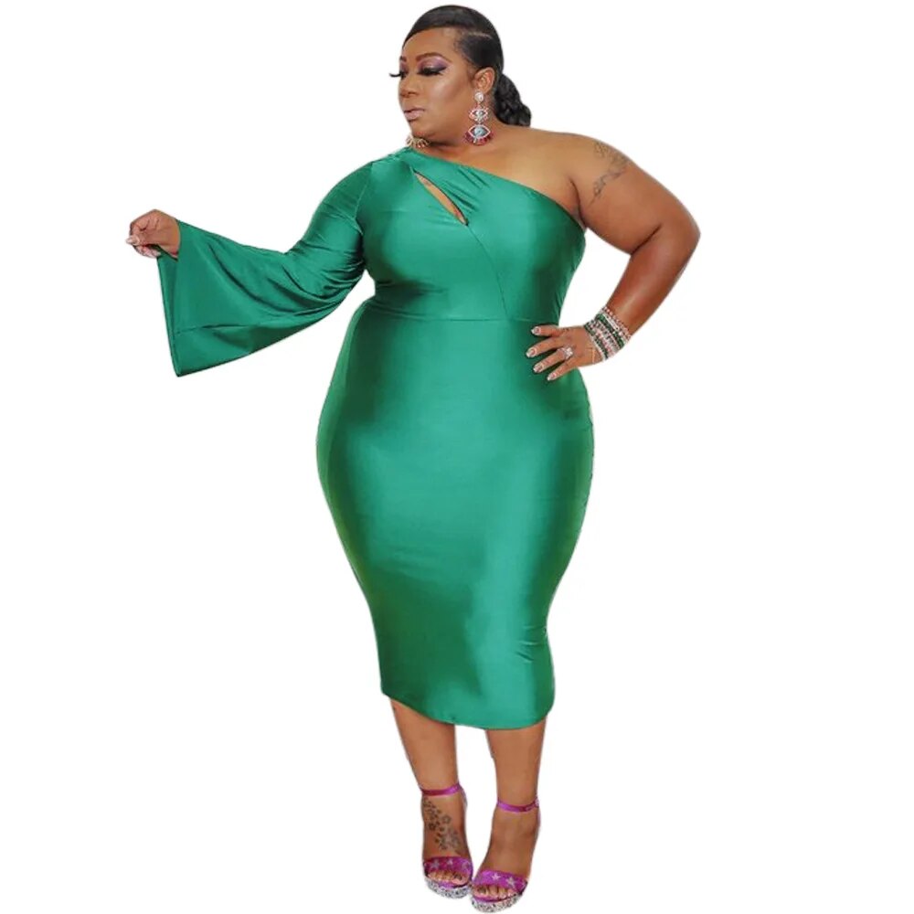 CM.YAYA Plus Size 2XL-5XL Women Dress Autumn Sexy Club Party One Shoulder Long Sleeve Cut Out Bodycon Midi Dress Pencil Dresses - Forever Growth 