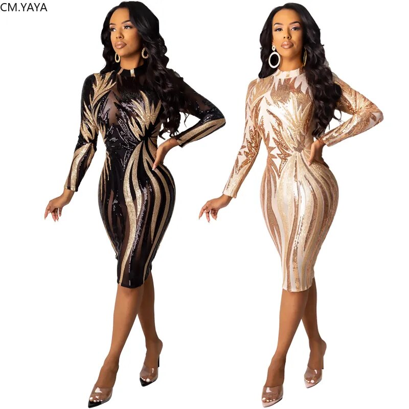 Long Sleeve Bodycon Sequined Sexy Bandage Dresses - Forever Growth 