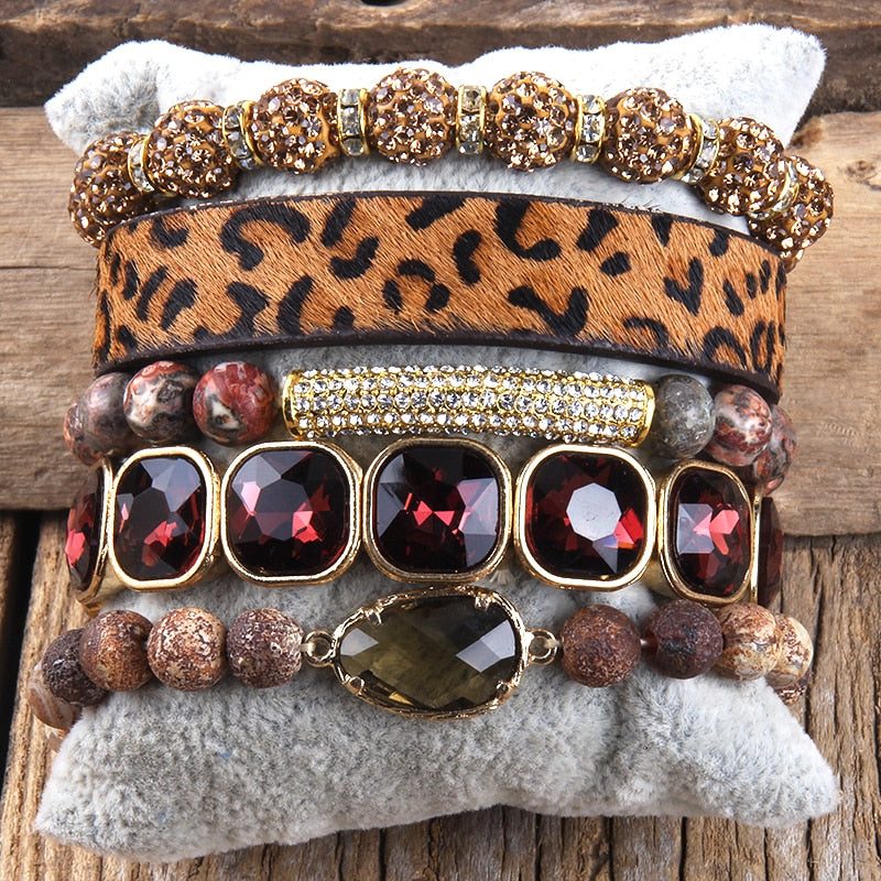 Handmade Leopard Leather Bracelet Set 5pc - Forever Growth 