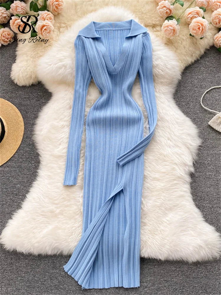Knitted Long Sleeve Pencil Bodycon Split Sweater Dress - Forever Growth 