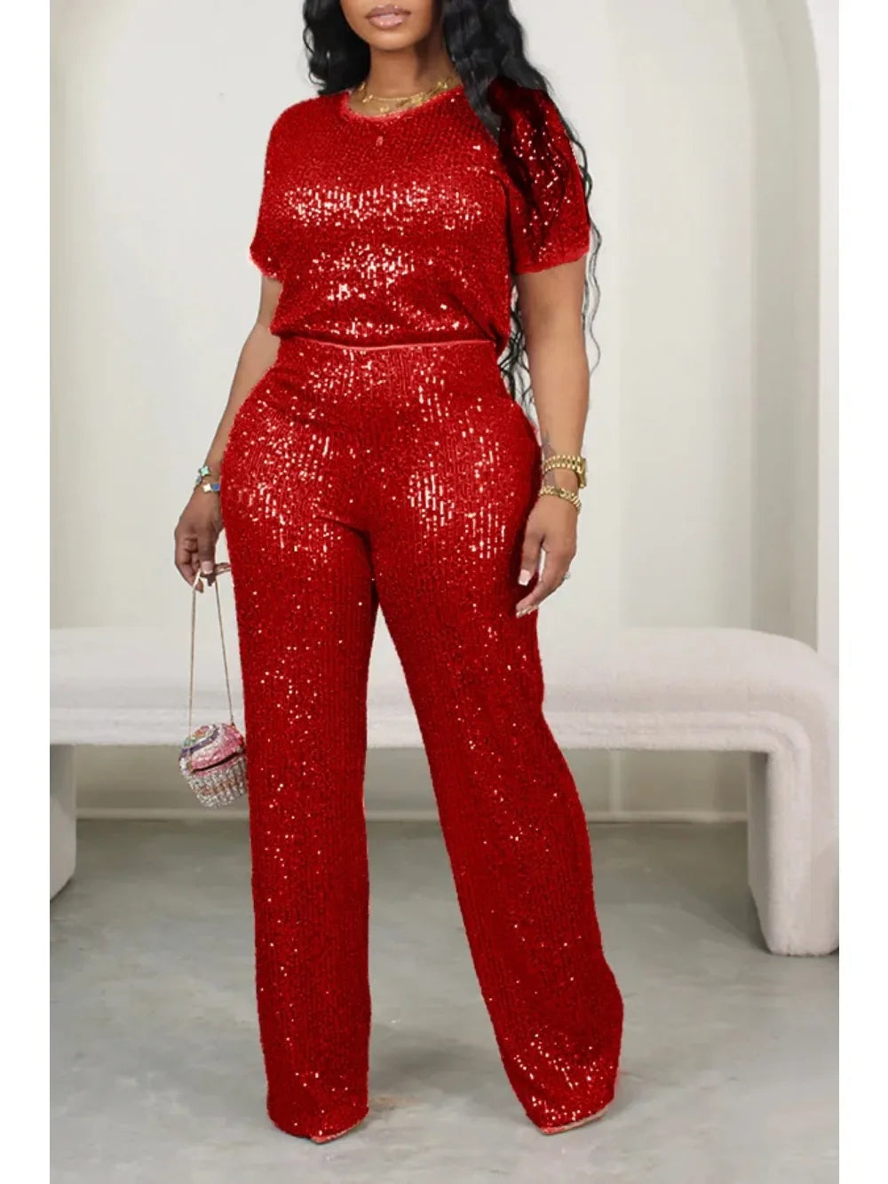 Sequin Short Sleeved Shirt+ Wide Leg Pants Set - Forever Growth 