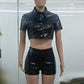 PU Leather Crop Tops+Bike Shorts 2pc Outfit - Forever Growth 