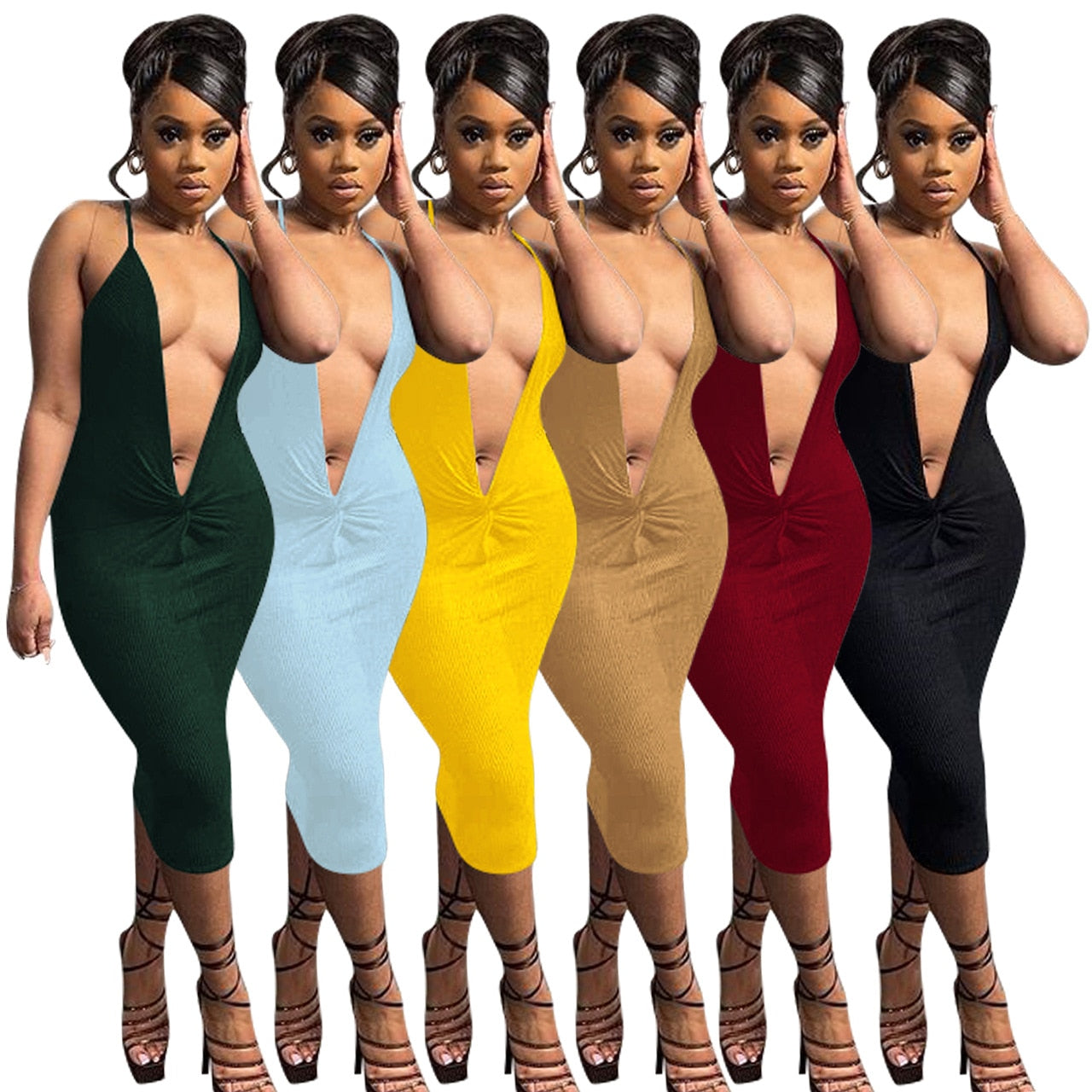 His Ribbed V-Neck Backless Bodycon Dress - Forever Growth 