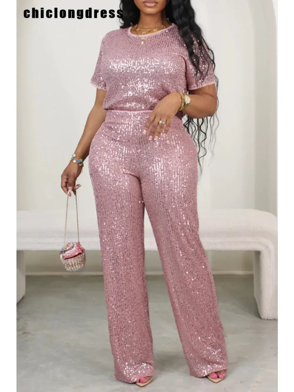 Sequin Short Sleeved Shirt+ Wide Leg Pants Set - Forever Growth 