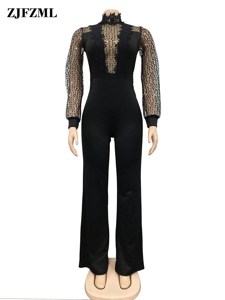 Turtleneck Mesh Sequin One Piece Jumpsuit - Forever Growth 