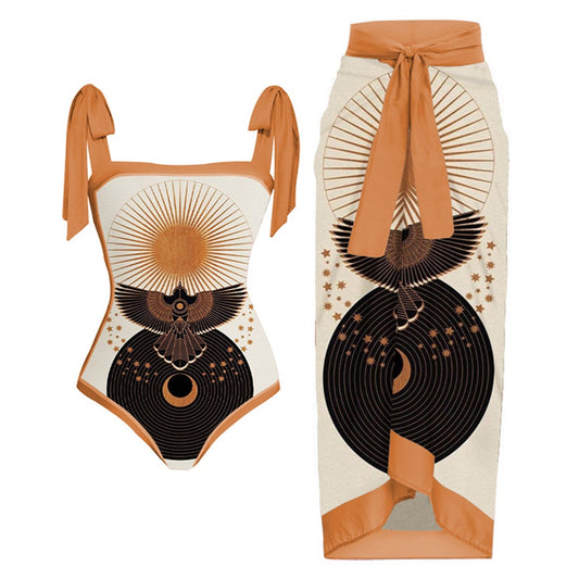 Print Tie One Piece Swimsuit w/ Skirt - Forever Growth 