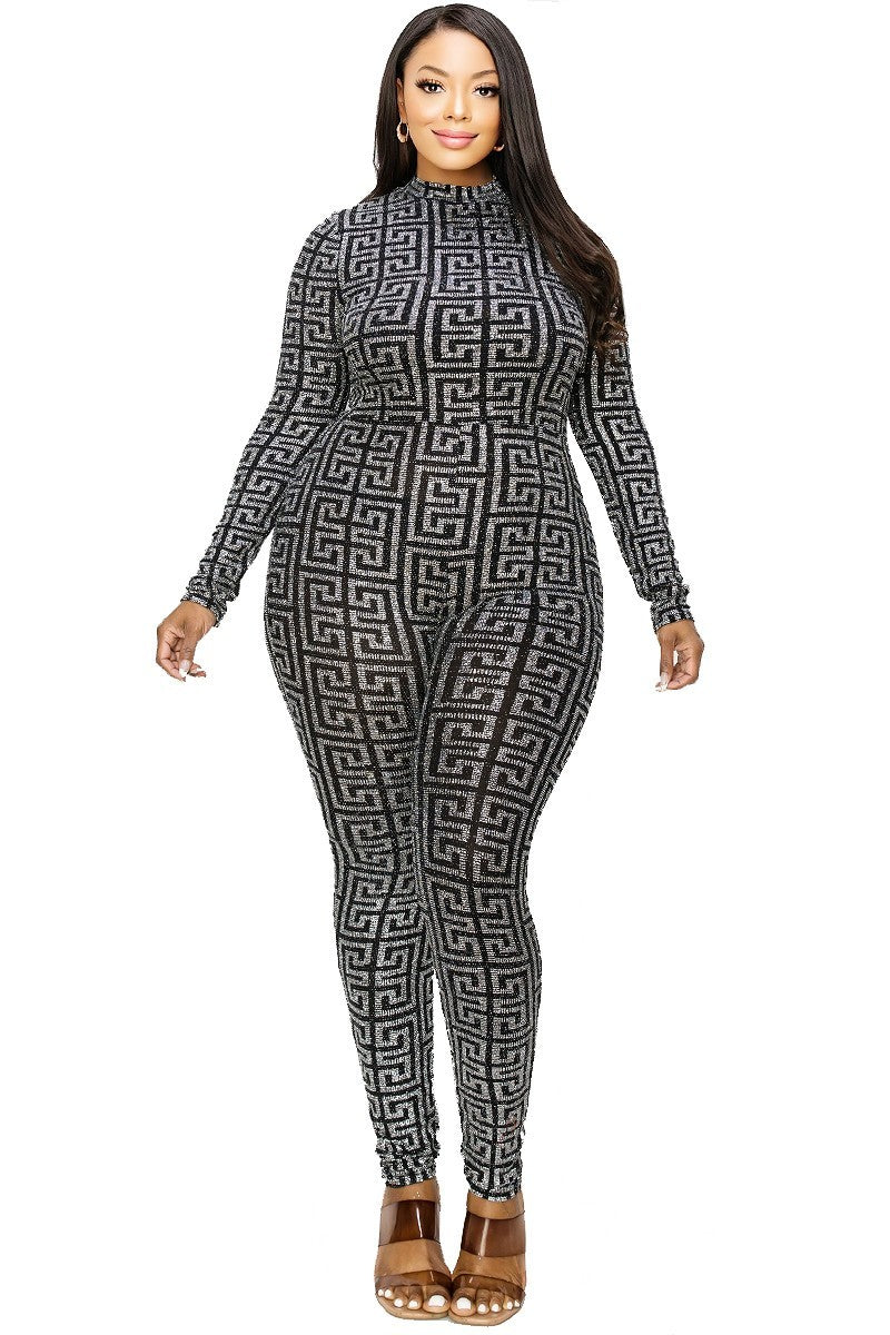 Plus Geo Pattern Glitter Printed Jumpsuit - Forever Growth 