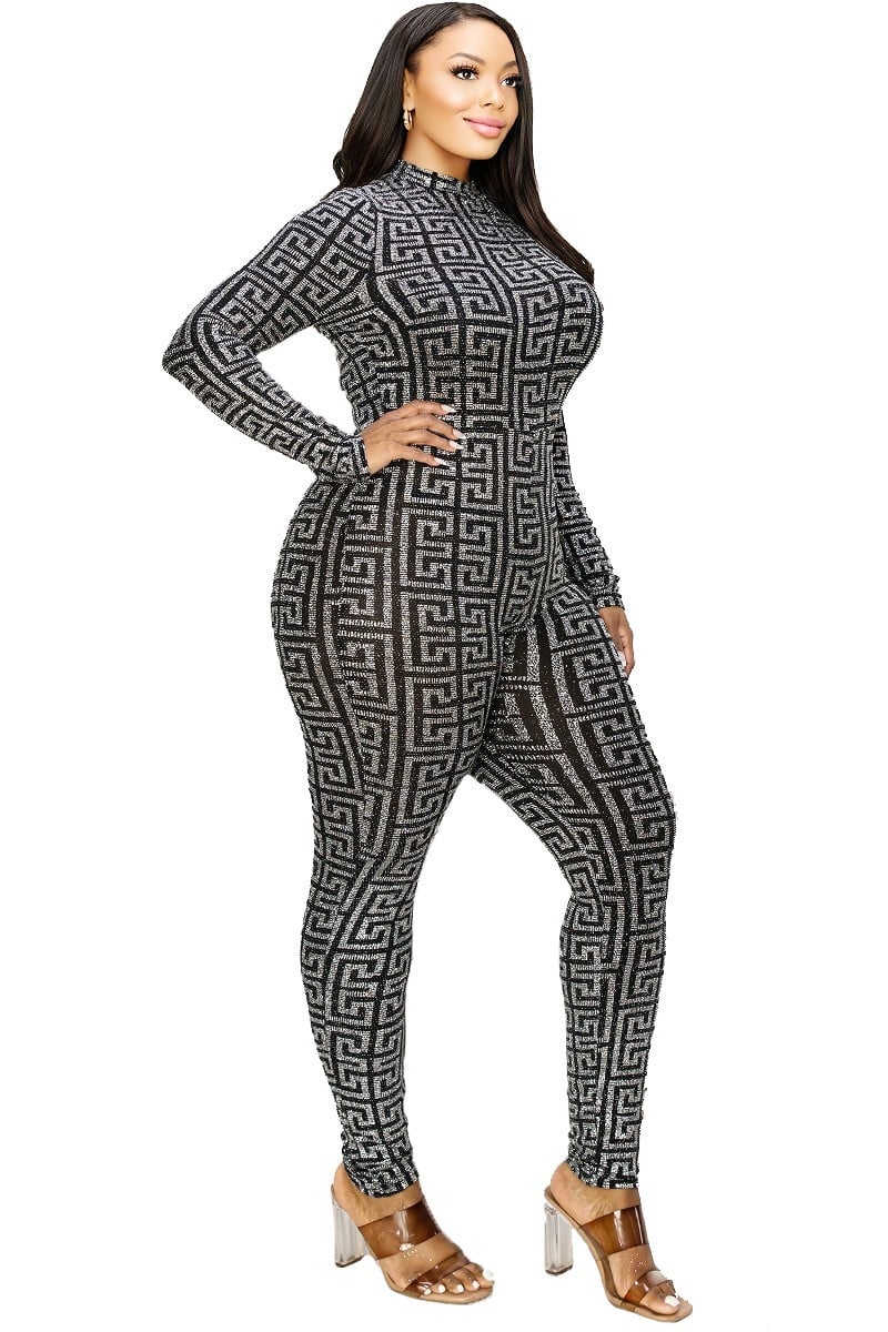 Plus Geo Pattern Glitter Printed Jumpsuit - Forever Growth 