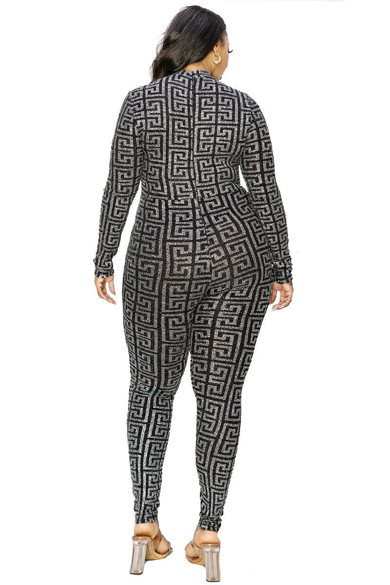 Plus Geo Pattern Glitter Printed Jumpsuit - Forever Growth 