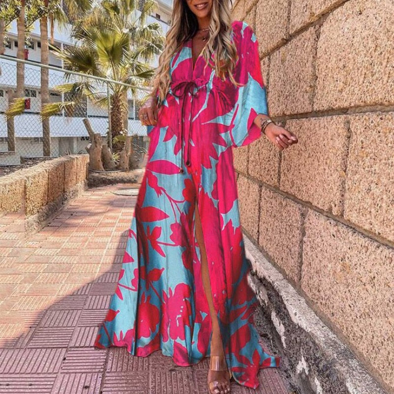 Deep V-Neck Printing Hem Maxi Dresses - Forever Growth 