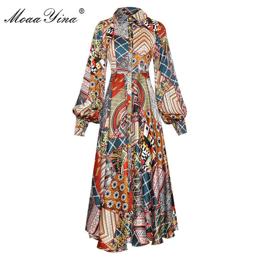 Single Breasted Lantern Long Sleeve Vintage Print Dress - Forever Growth 